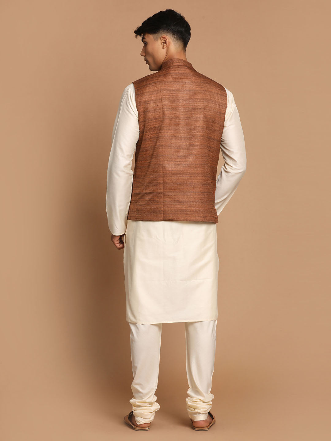 Sarvati Men's Coffee Brown Nehru Jacket With Cream Solid Kurta And Pyjama Set