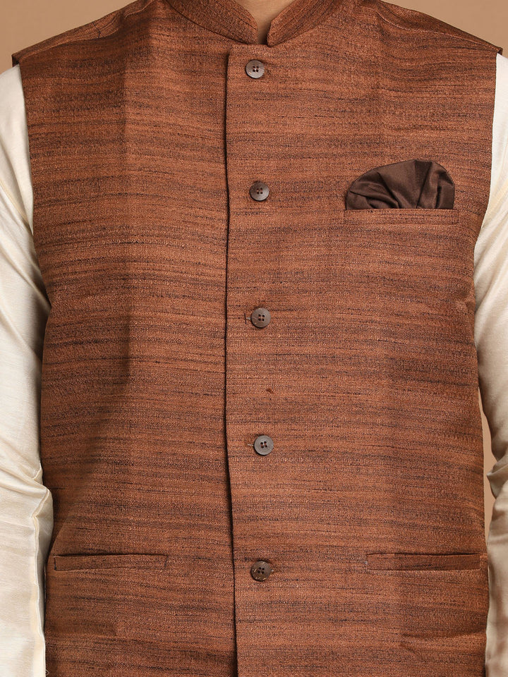 Sarvati Men's Coffee Brown Nehru Jacket With Cream Solid Kurta And Pyjama Set