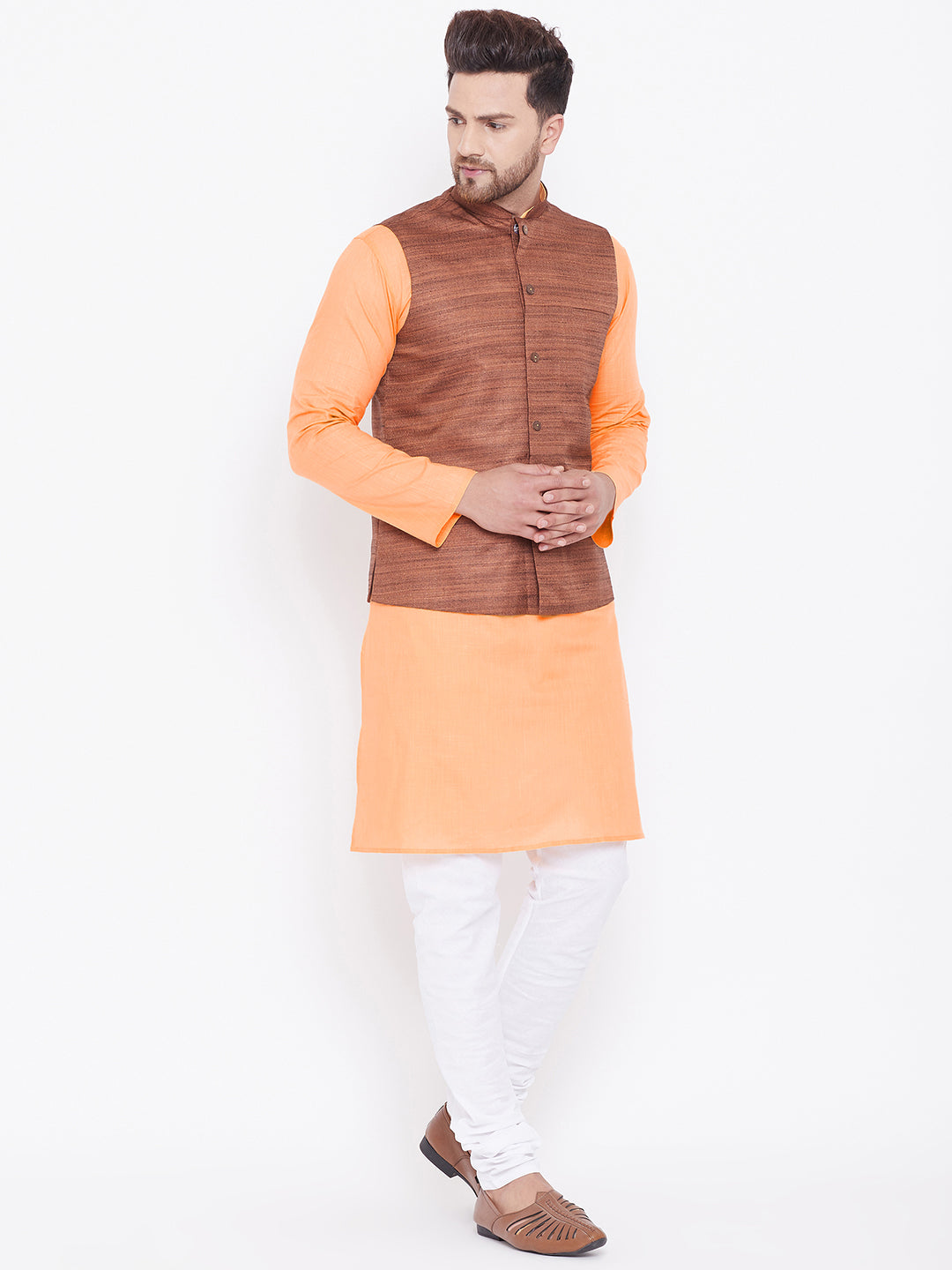 Sarvati Men's Coffee Brown, Fawn And White Cotton Blend Jacket, Kurta and Pyjama Set