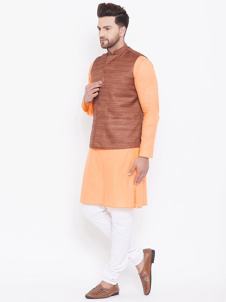 Sarvati Men's Coffee Brown, Fawn And White Cotton Blend Jacket, Kurta and Pyjama Set