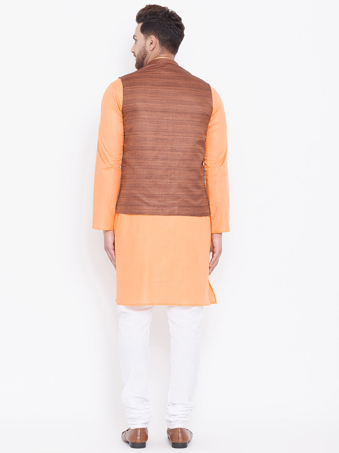 Sarvati Men's Coffee Brown, Fawn And White Cotton Blend Jacket, Kurta and Pyjama Set