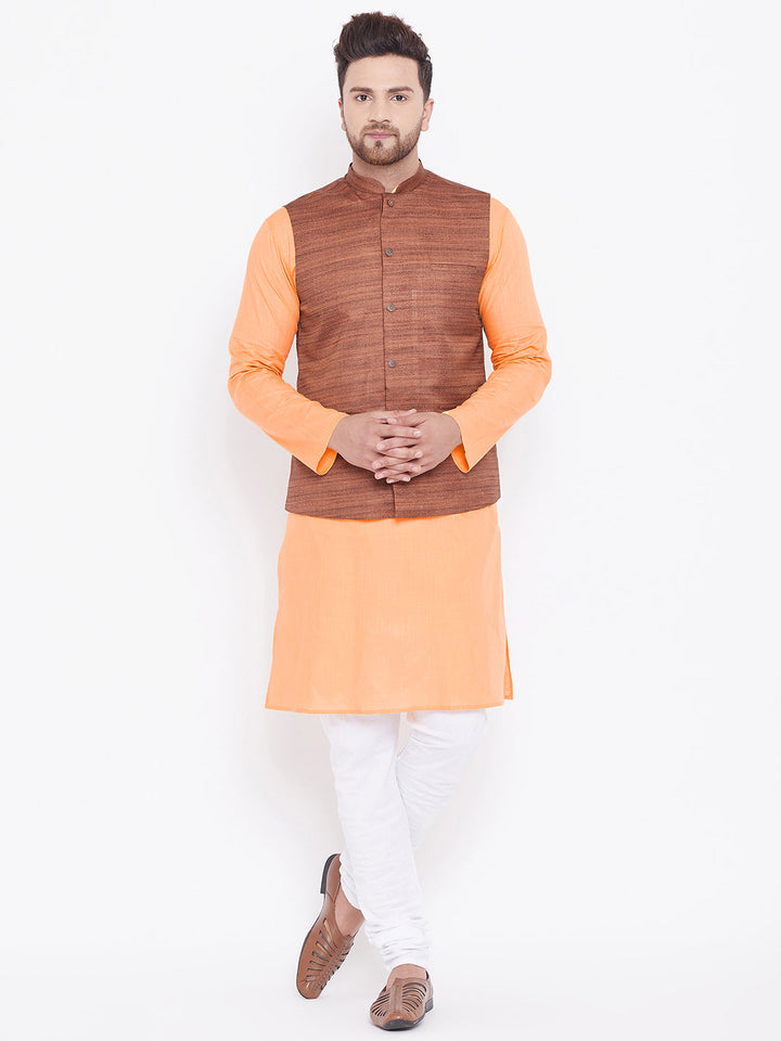 Sarvati Men's Coffee Brown, Fawn And White Cotton Blend Jacket, Kurta and Pyjama Set