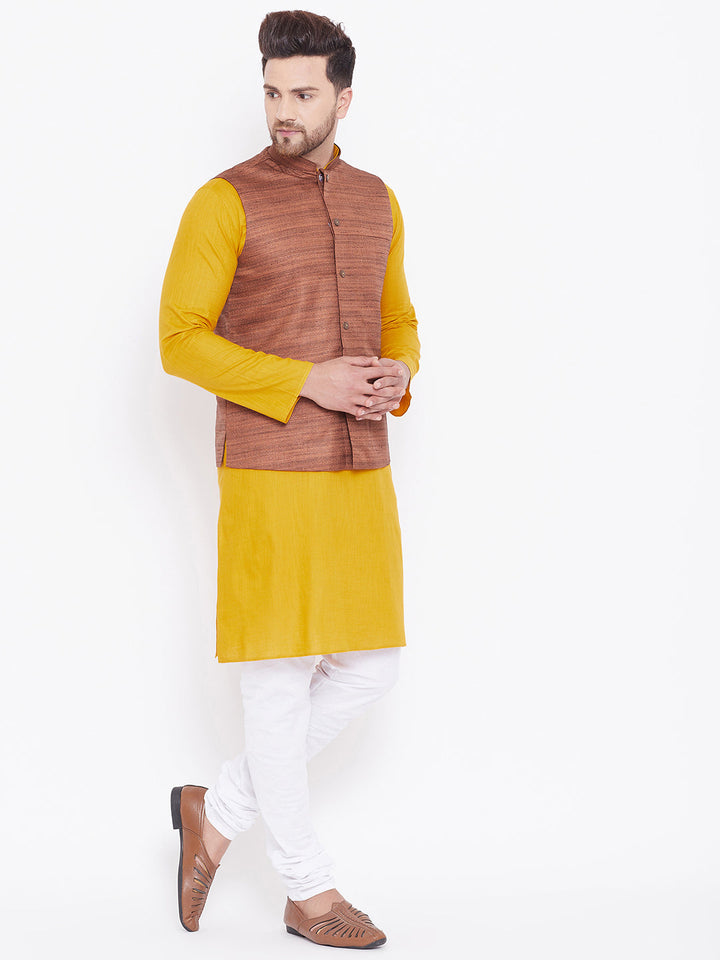 Sarvati Men's Coffee Brown, Mustard And White Cotton Blend Jacket, Kurta and Pyjama Set