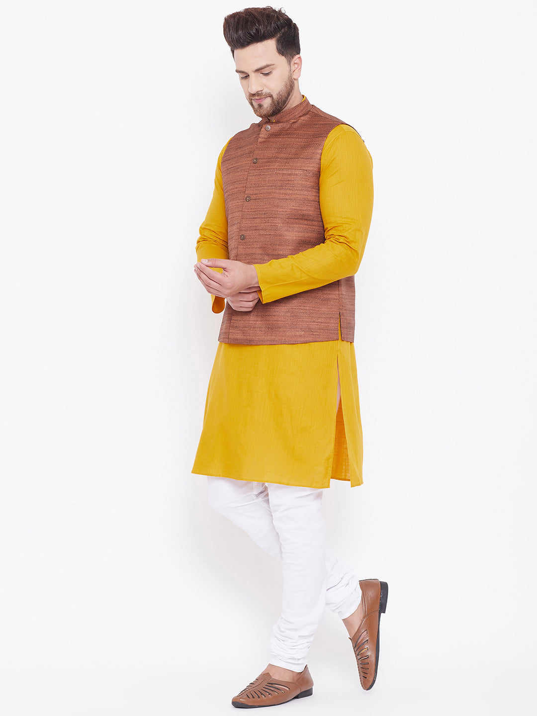 Sarvati Men's Coffee Brown, Mustard And White Cotton Blend Jacket, Kurta and Pyjama Set