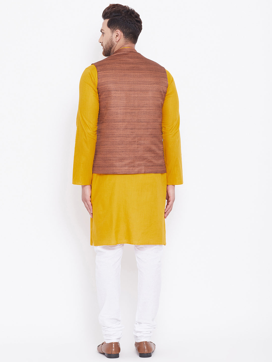 Sarvati Men's Coffee Brown, Mustard And White Cotton Blend Jacket, Kurta and Pyjama Set