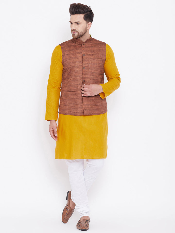 Sarvati Men's Coffee Brown, Mustard And White Cotton Blend Jacket, Kurta and Pyjama Set