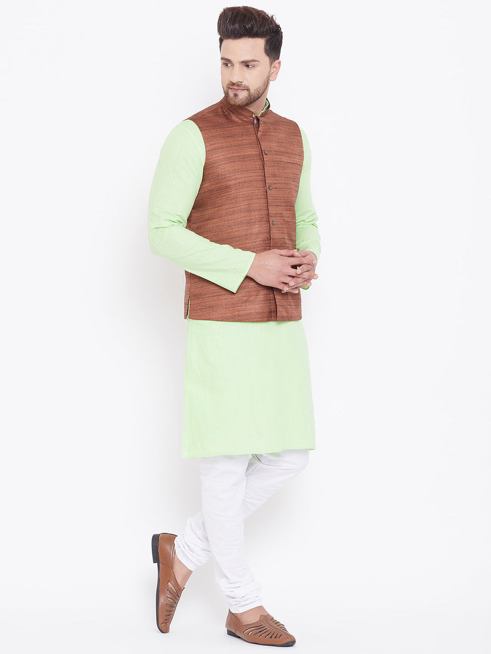 Sarvati Men's Coffee, Mint Green And White Cotton Blend Jacket, Kurta and Pyjama Set