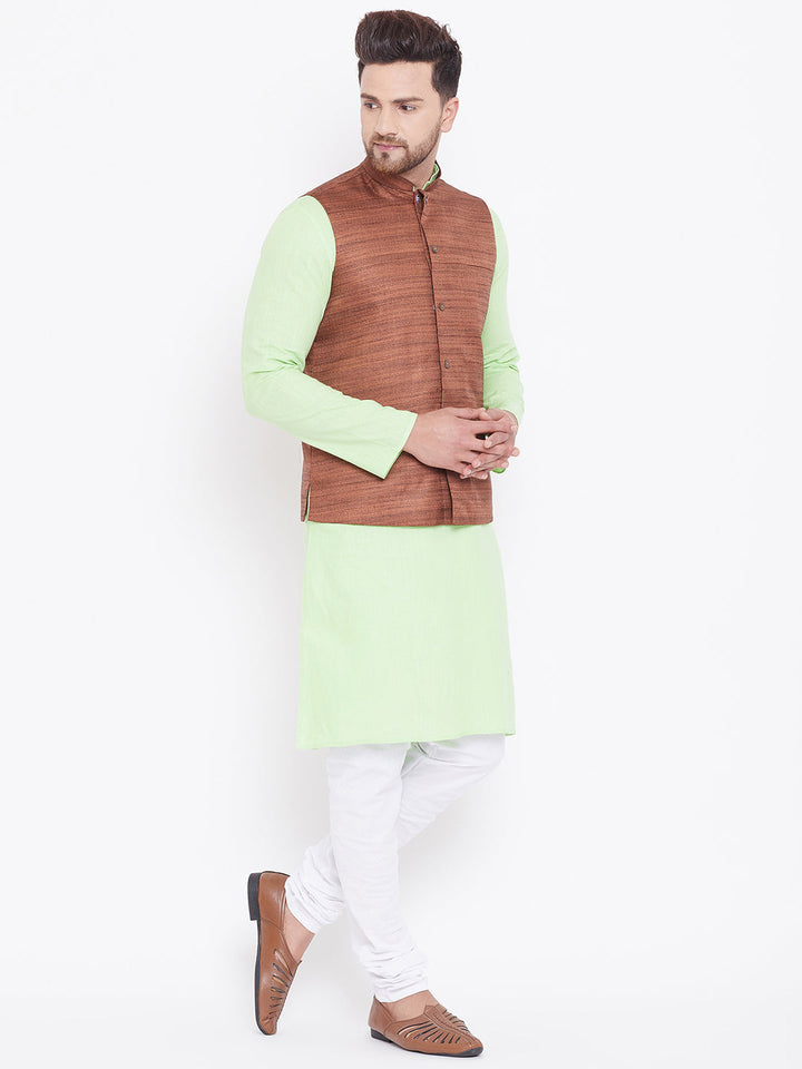 Sarvati Men's Coffee, Mint Green And White Cotton Blend Jacket, Kurta and Pyjama Set