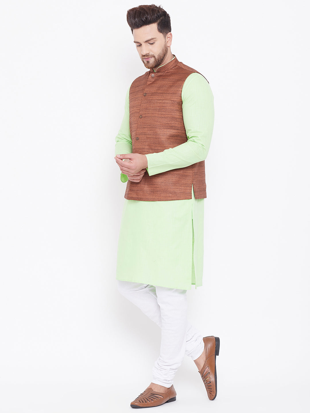 Sarvati Men's Coffee, Mint Green And White Cotton Blend Jacket, Kurta and Pyjama Set