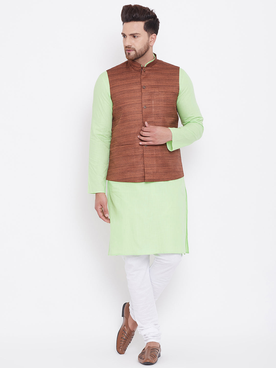 Sarvati Men's Coffee, Mint Green And White Cotton Blend Jacket, Kurta and Pyjama Set