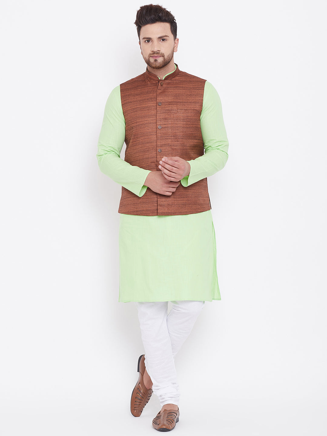 Sarvati Men's Coffee, Mint Green And White Cotton Blend Jacket, Kurta and Pyjama Set