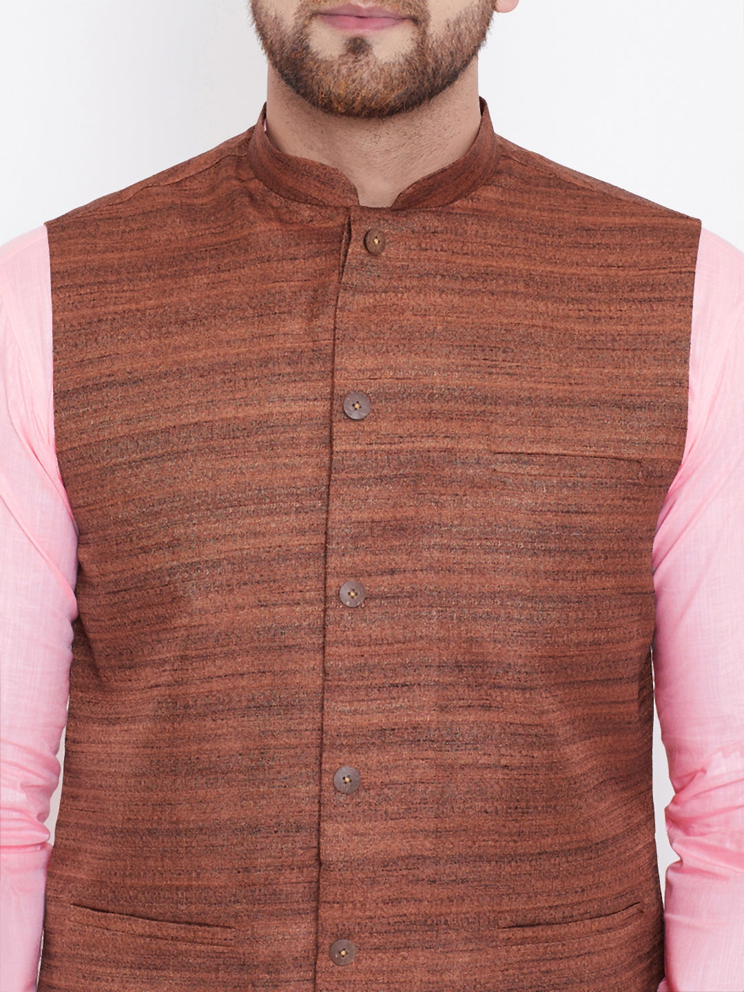 Sarvati Men's Coffee Brown, Pink And White Cotton Blend Jacket, Kurta and Pyjama Set