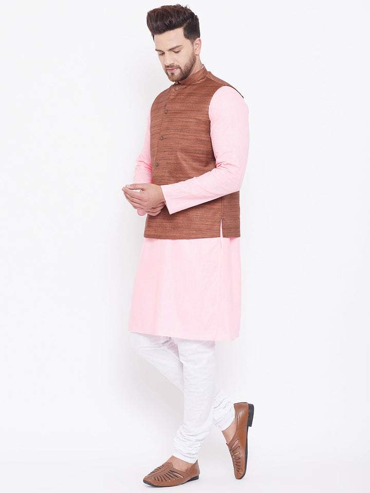 Sarvati Men's Coffee Brown, Pink And White Cotton Blend Jacket, Kurta and Pyjama Set