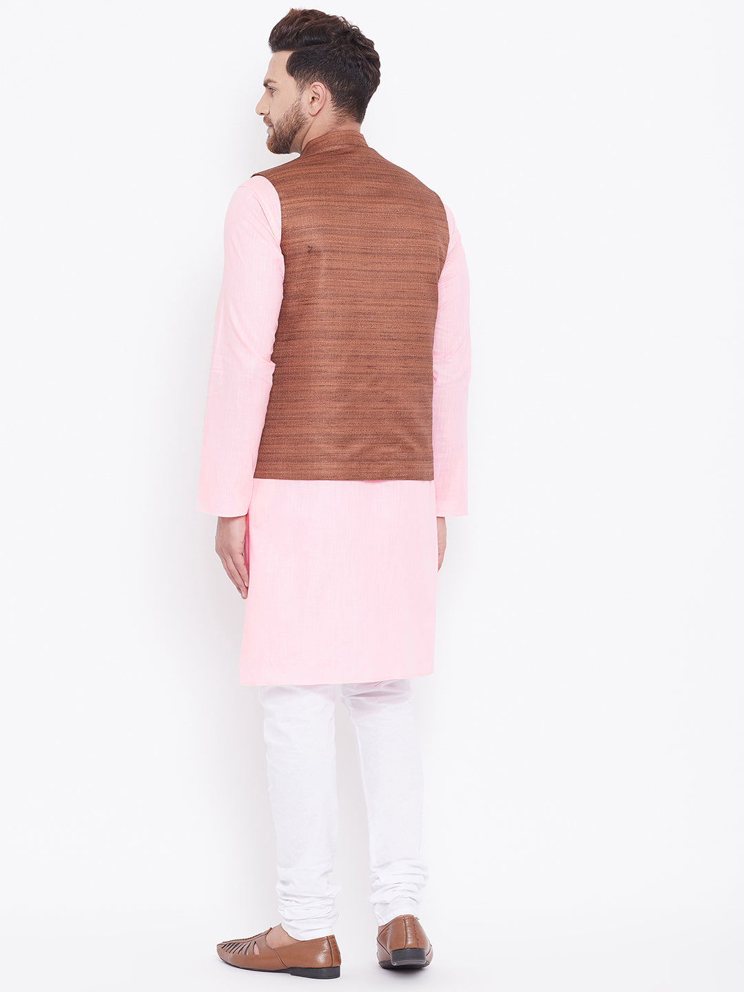 Sarvati Men's Coffee Brown, Pink And White Cotton Blend Jacket, Kurta and Pyjama Set