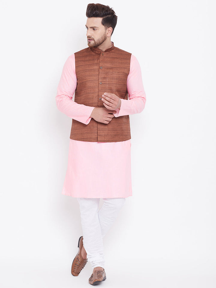 Sarvati Men's Coffee Brown, Pink And White Cotton Blend Jacket, Kurta and Pyjama Set