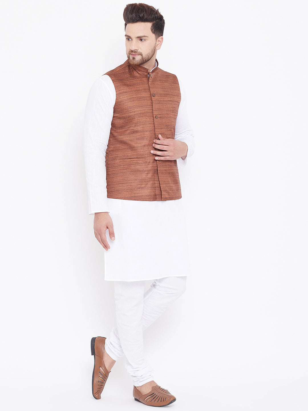 Sarvati Men's Coffee Brown And White Cotton Blend Jacket, Kurta and Pyjama Set