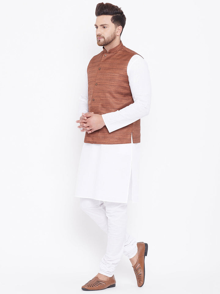 Sarvati Men's Coffee Brown And White Cotton Blend Jacket, Kurta and Pyjama Set