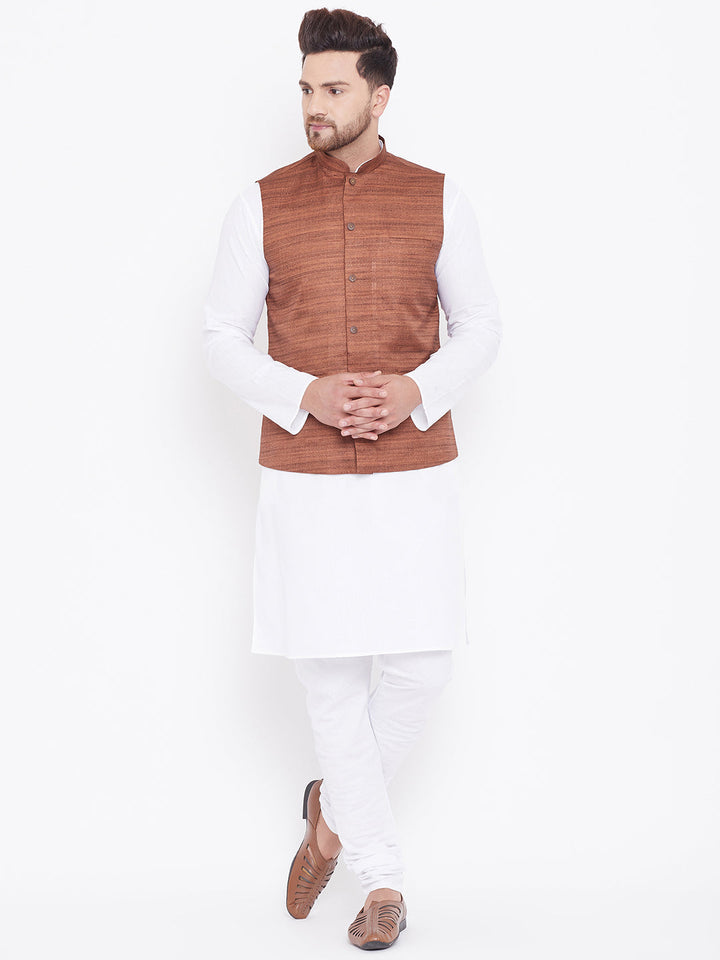 Sarvati Men's Coffee Brown And White Cotton Blend Jacket, Kurta and Pyjama Set