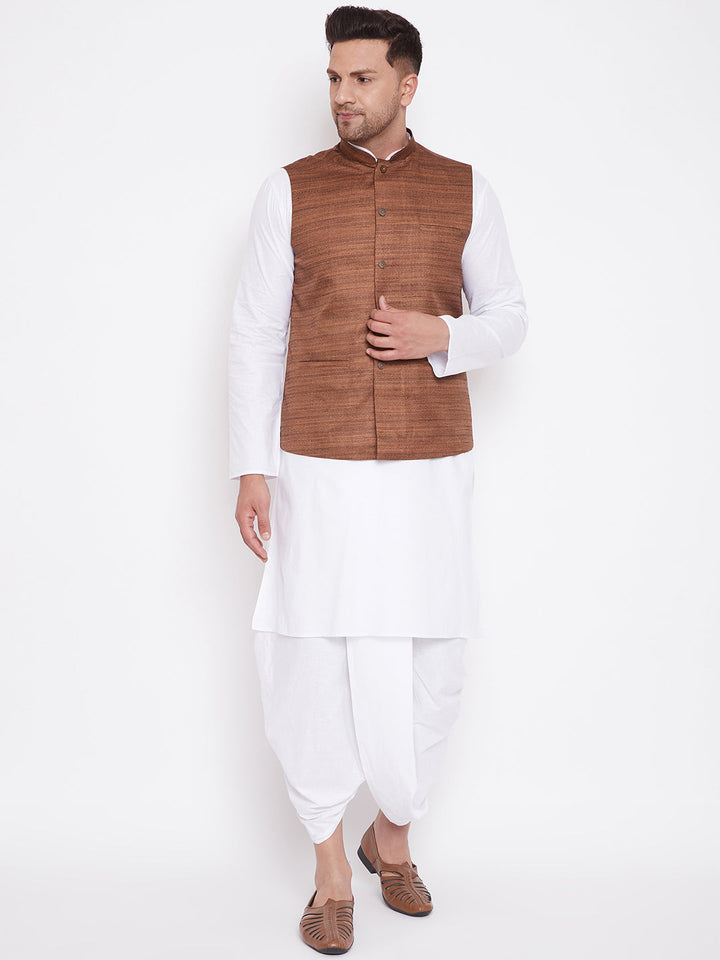 Sarvati Men's Coffee Brown And White Cotton Blend Jacket, Kurta and Dhoti Set