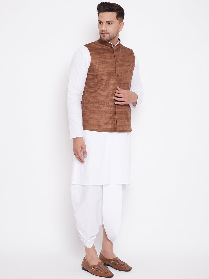 Sarvati Men's Coffee Brown And White Cotton Blend Jacket, Kurta and Dhoti Set