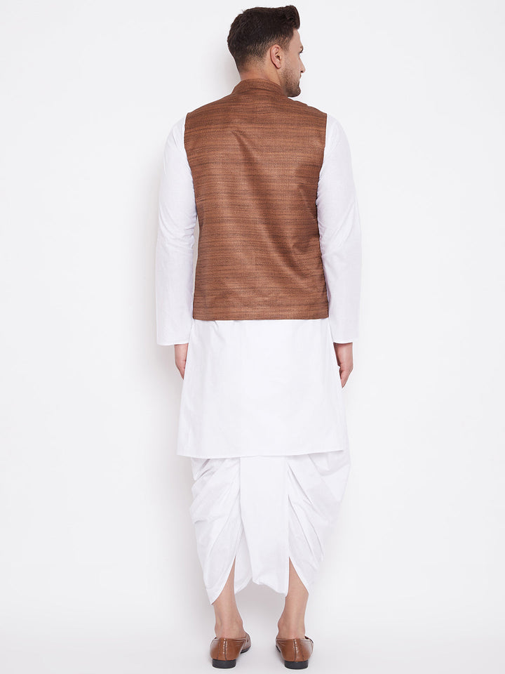 Sarvati Men's Coffee Brown And White Cotton Blend Jacket, Kurta and Dhoti Set