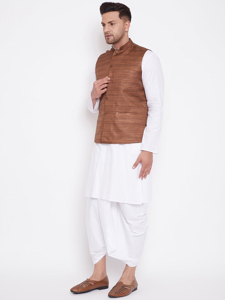 Sarvati Men's Coffee Brown And White Cotton Blend Jacket, Kurta and Dhoti Set