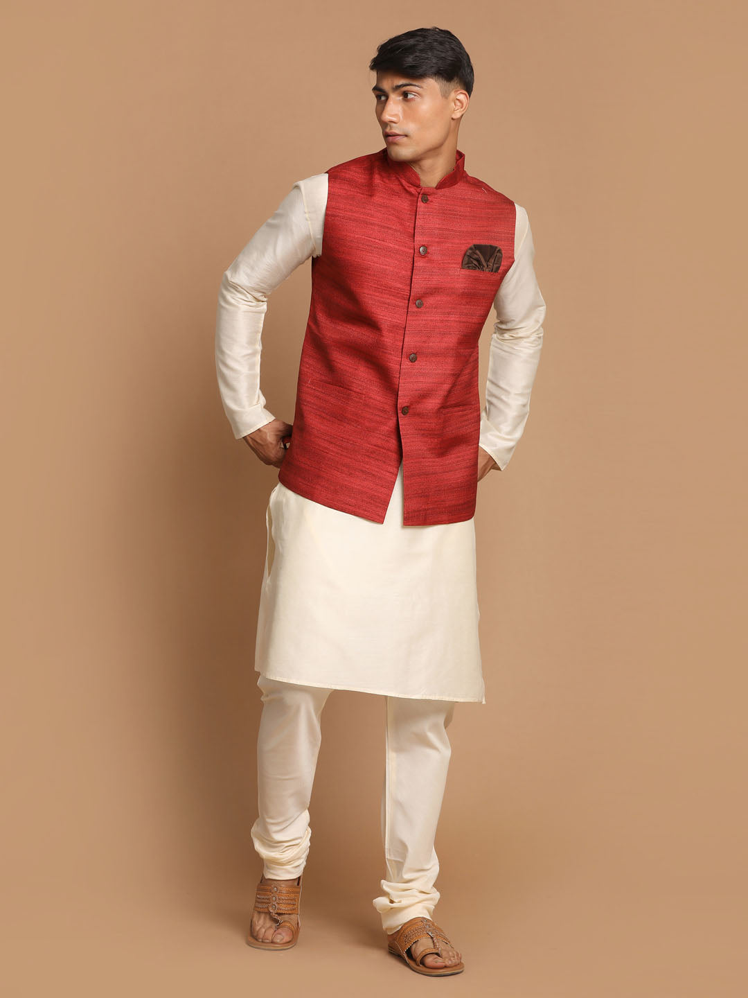 Sarvati Men's Maroon Textured Nehru Jacket With Cream Kurta and Pyjama Set