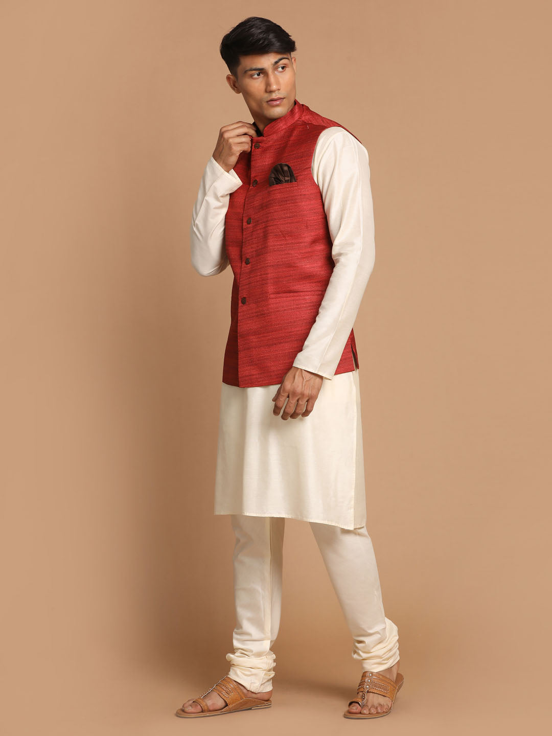 Sarvati Men's Maroon Textured Nehru Jacket With Cream Kurta and Pyjama Set