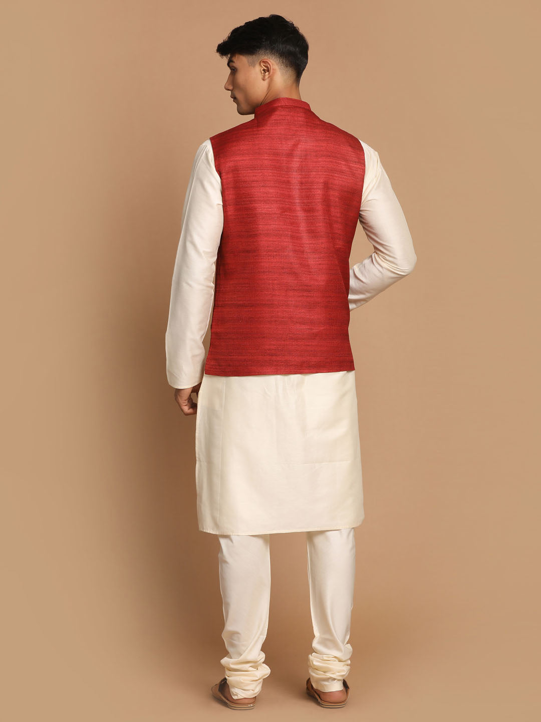 Sarvati Men's Maroon Textured Nehru Jacket With Cream Kurta and Pyjama Set