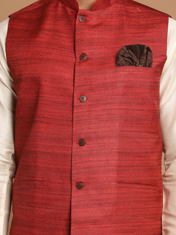 Sarvati Men's Maroon Textured Nehru Jacket With Cream Kurta and Pyjama Set