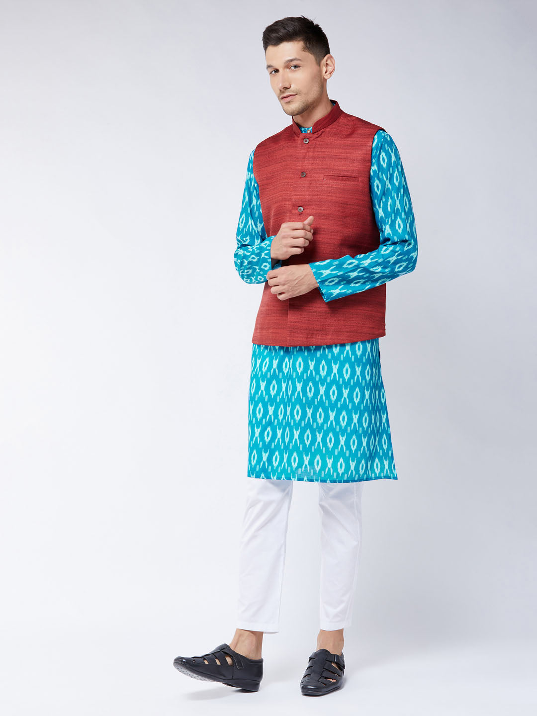 Sarvati Men's Maroon Silk Blend Ethnic Jacket With Turquoise And White Kurta Pyjama Set