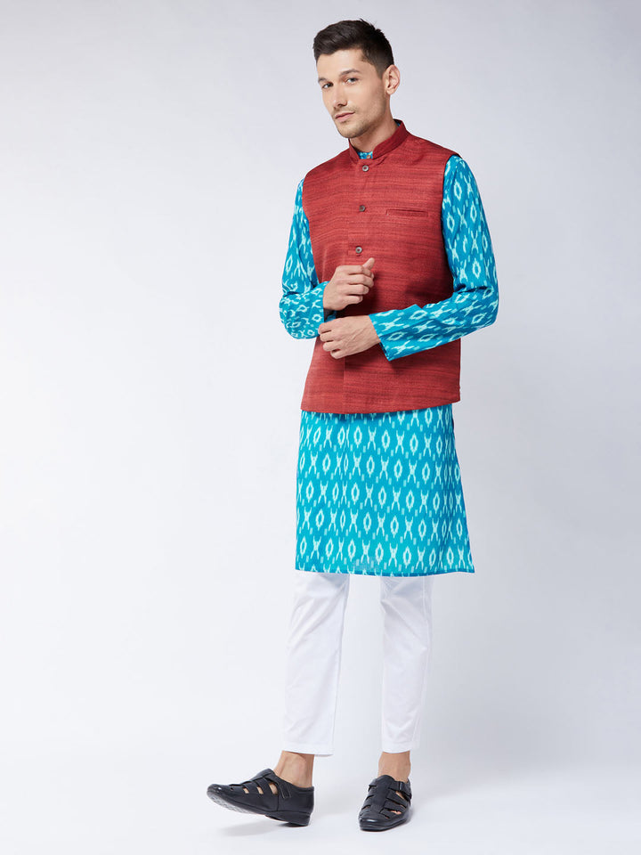 Sarvati Men's Maroon Silk Blend Ethnic Jacket With Turquoise And White Kurta Pyjama Set