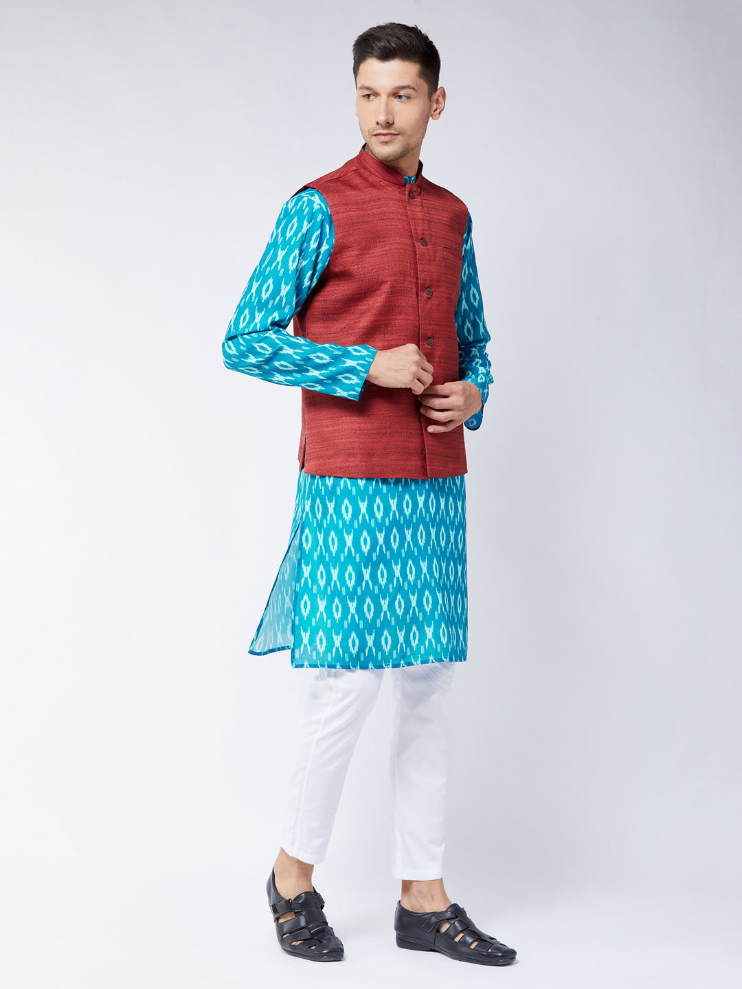 Sarvati Men's Maroon Silk Blend Ethnic Jacket With Turquoise And White Kurta Pyjama Set