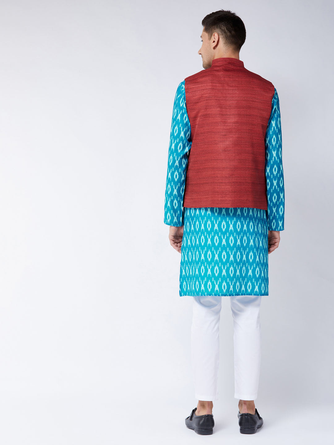 Sarvati Men's Maroon Silk Blend Ethnic Jacket With Turquoise And White Kurta Pyjama Set