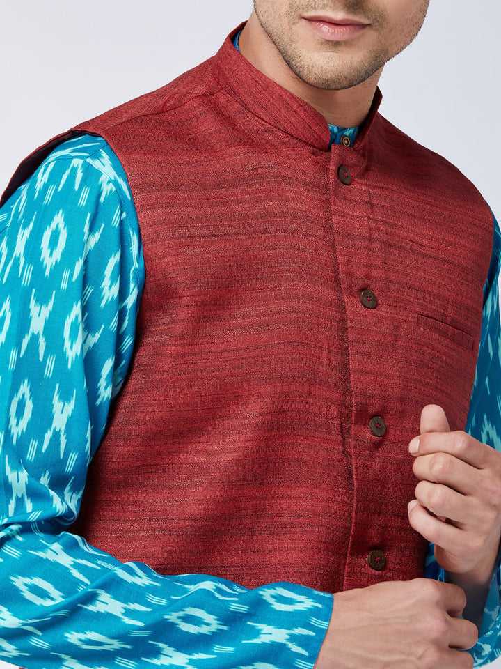 Sarvati Men's Maroon Silk Blend Ethnic Jacket With Turquoise And White Kurta Pyjama Set