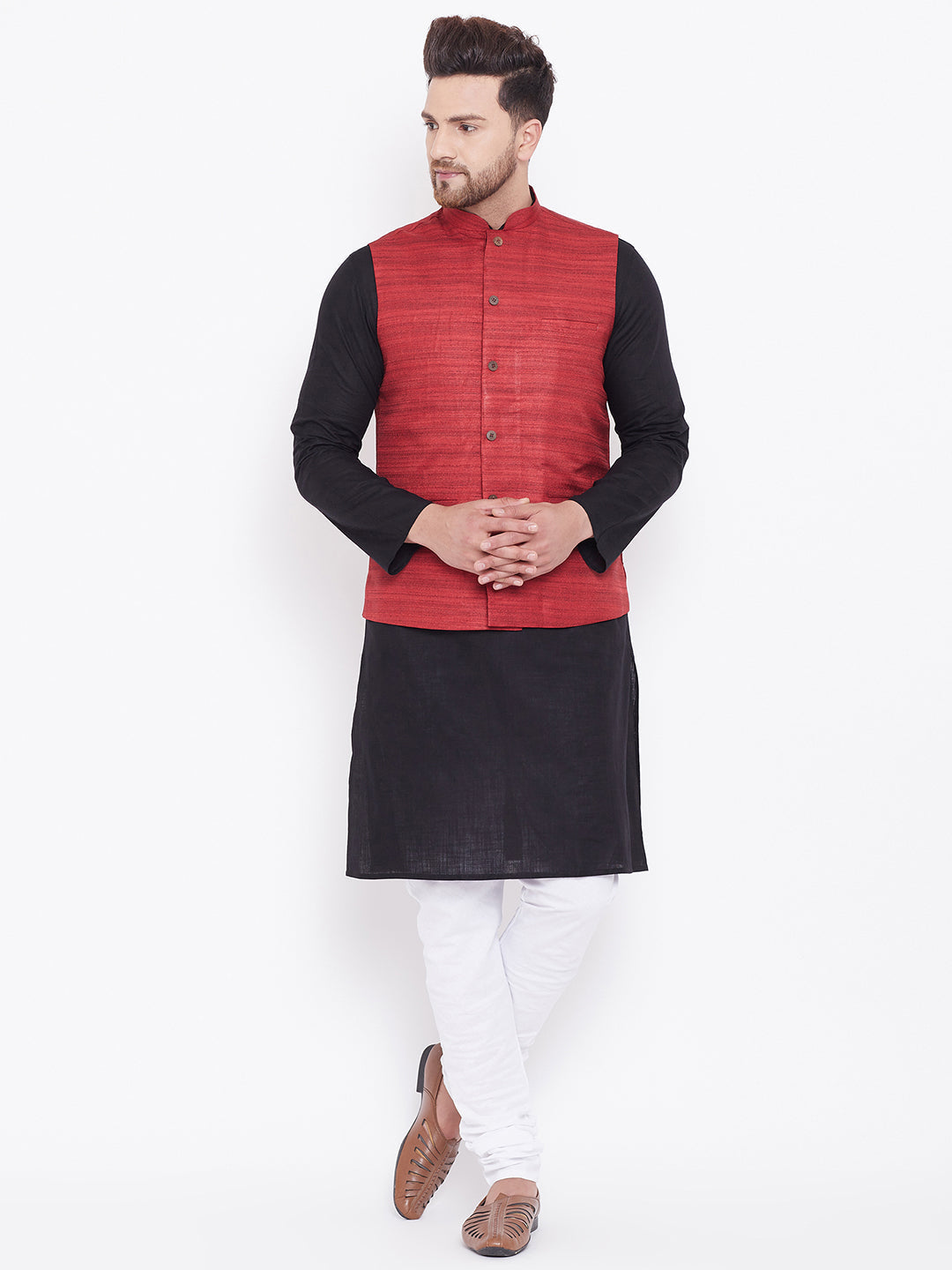 Sarvati Men's Maroon, Black And White Cotton Blend Jacket, Kurta and Pyjama Set