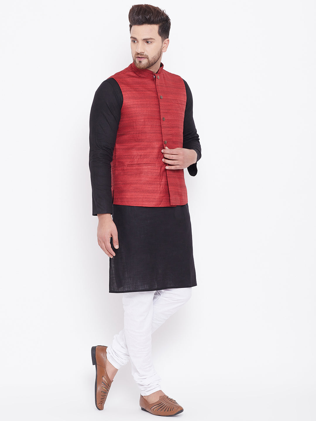 Sarvati Men's Maroon, Black And White Cotton Blend Jacket, Kurta and Pyjama Set