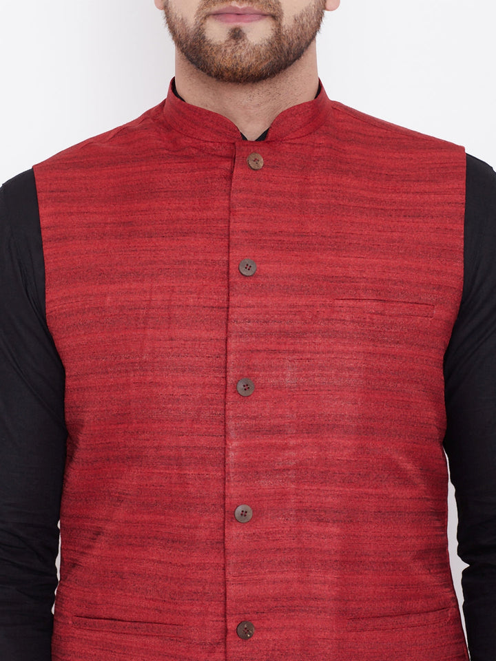 Sarvati Men's Maroon, Black And White Cotton Blend Jacket, Kurta and Pyjama Set