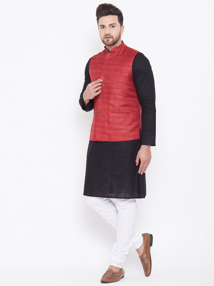 Sarvati Men's Maroon, Black And White Cotton Blend Jacket, Kurta and Pyjama Set