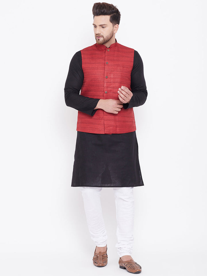 Sarvati Men's Maroon, Black And White Cotton Blend Jacket, Kurta and Pyjama Set