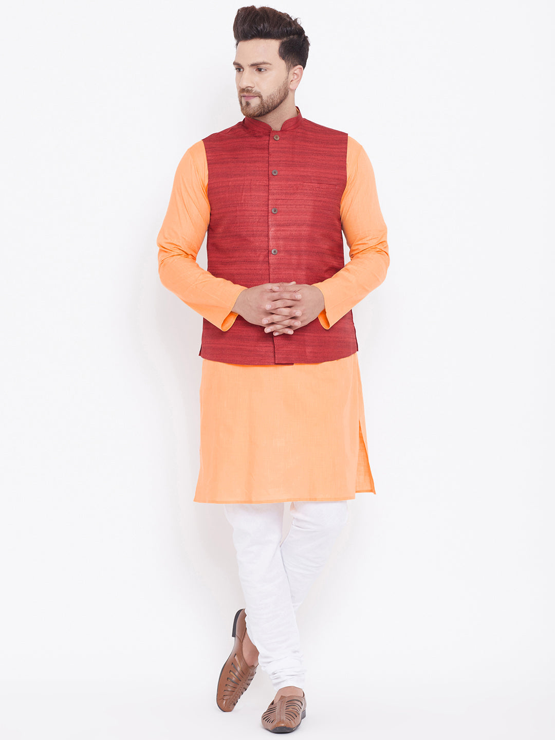 Sarvati Men's Maroon, Fawn And White Cotton Blend Jacket, Kurta and Pyjama Set