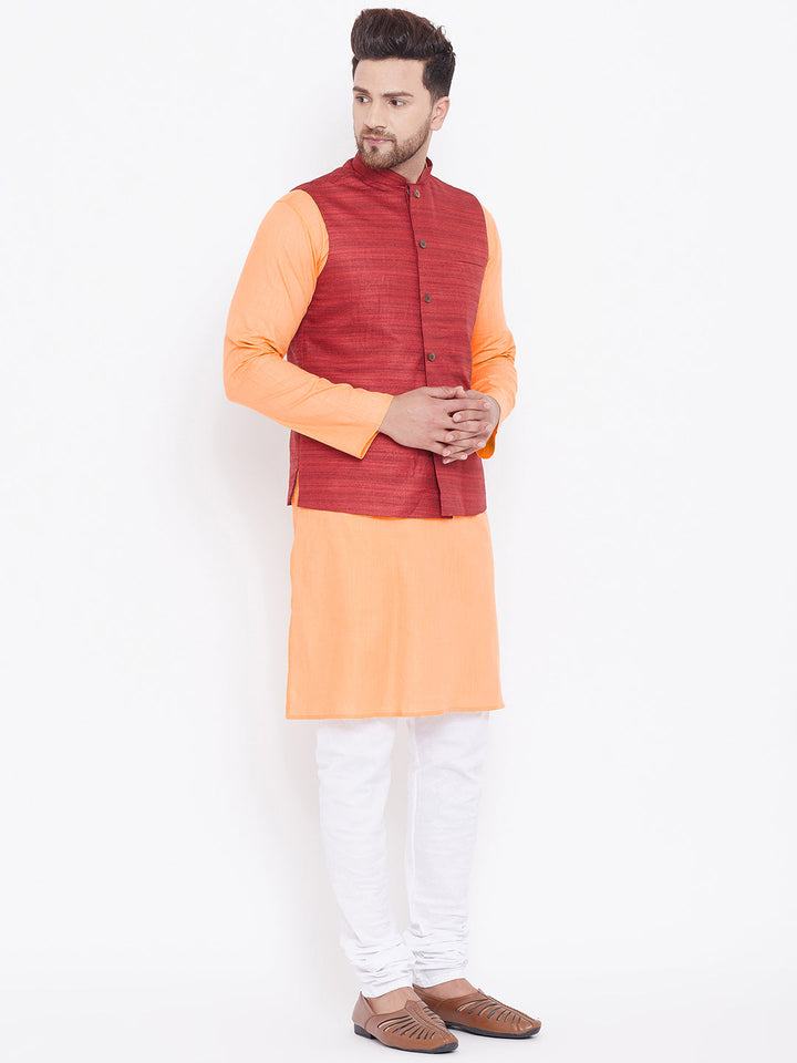 Sarvati Men's Maroon, Fawn And White Cotton Blend Jacket, Kurta and Pyjama Set