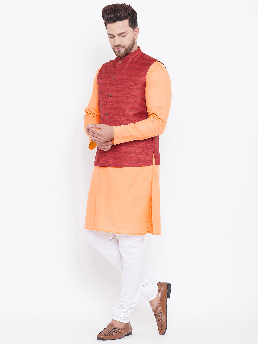 Sarvati Men's Maroon, Fawn And White Cotton Blend Jacket, Kurta and Pyjama Set