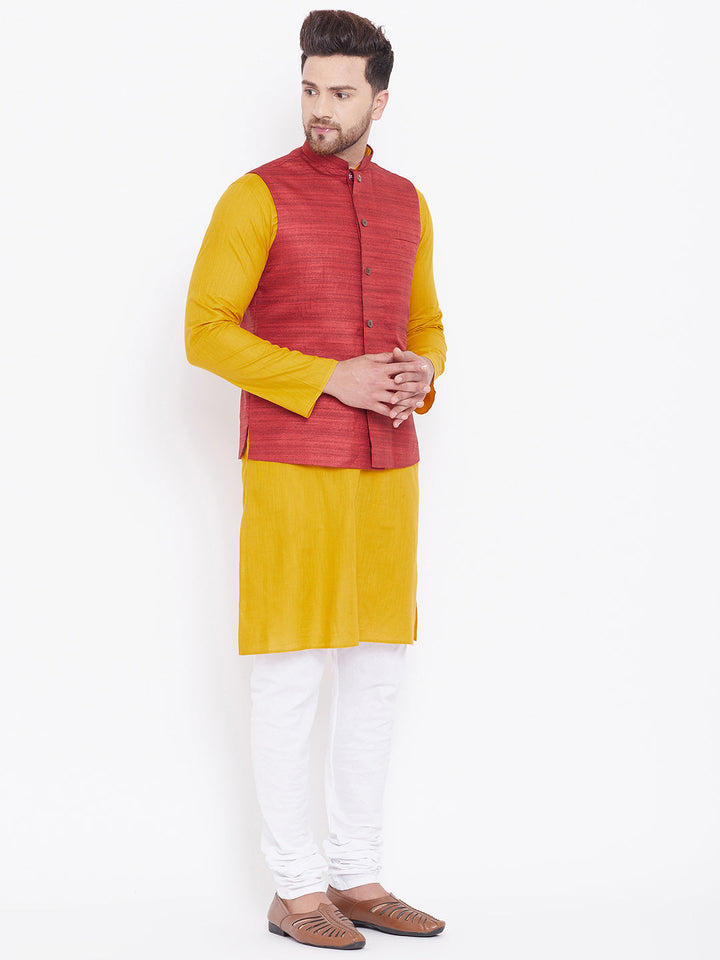 Sarvati Men's Maroon, Mustard And White Cotton Blend Jacket, Kurta and Pyjama Set