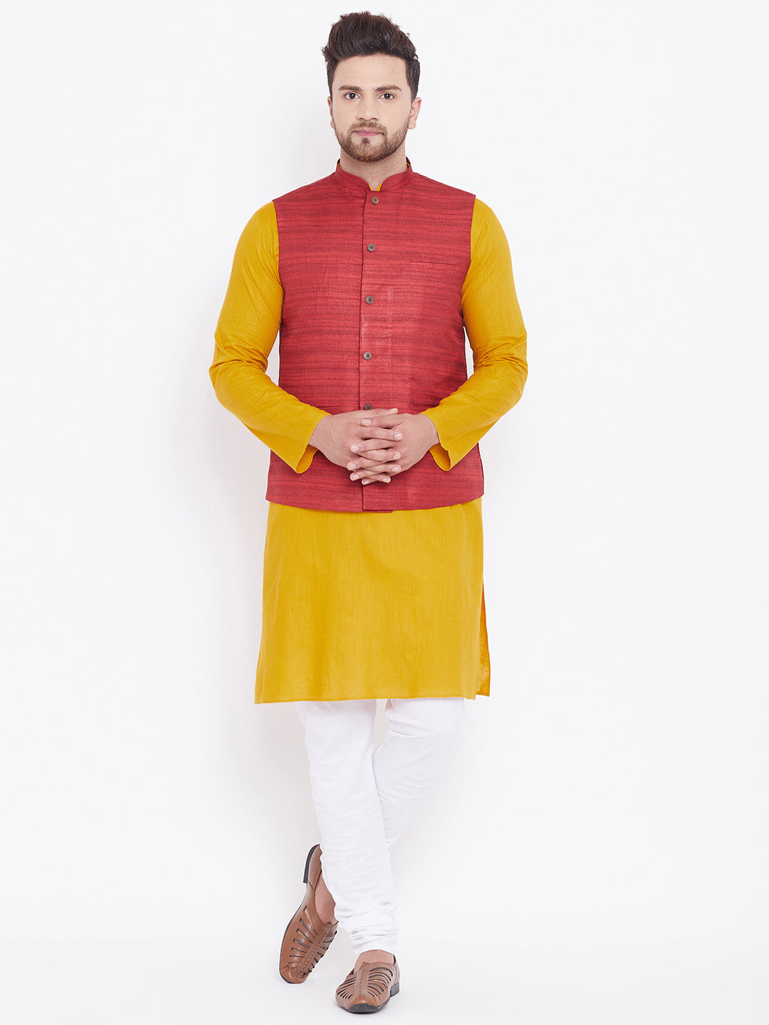 Sarvati Men's Maroon, Mustard And White Cotton Blend Jacket, Kurta and Pyjama Set