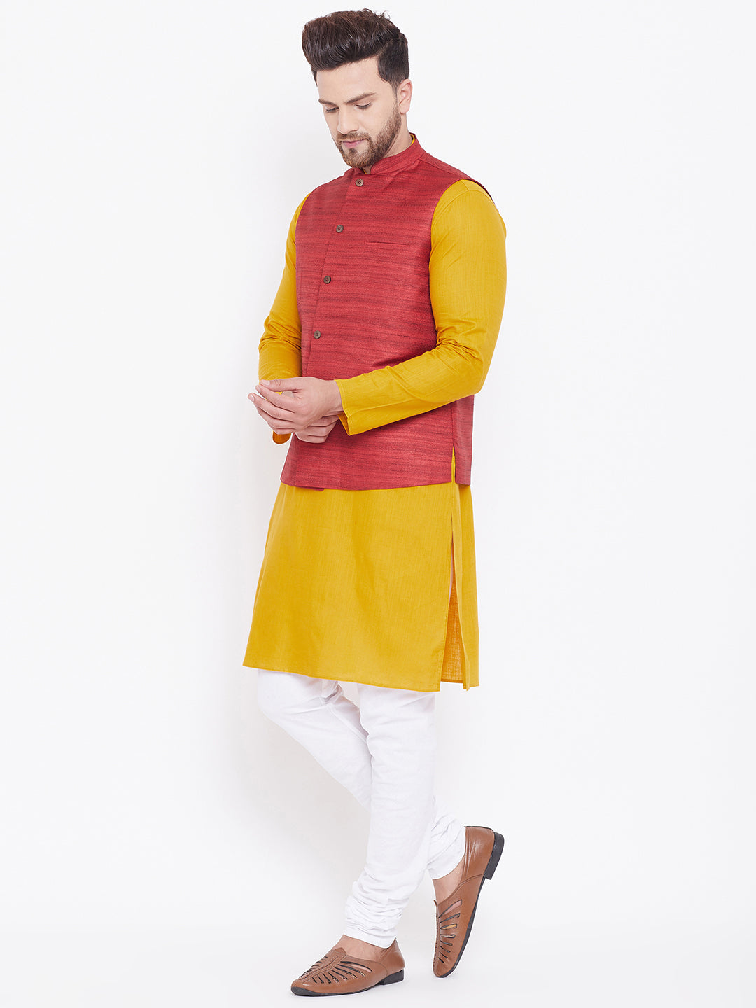 Sarvati Men's Maroon, Mustard And White Cotton Blend Jacket, Kurta and Pyjama Set