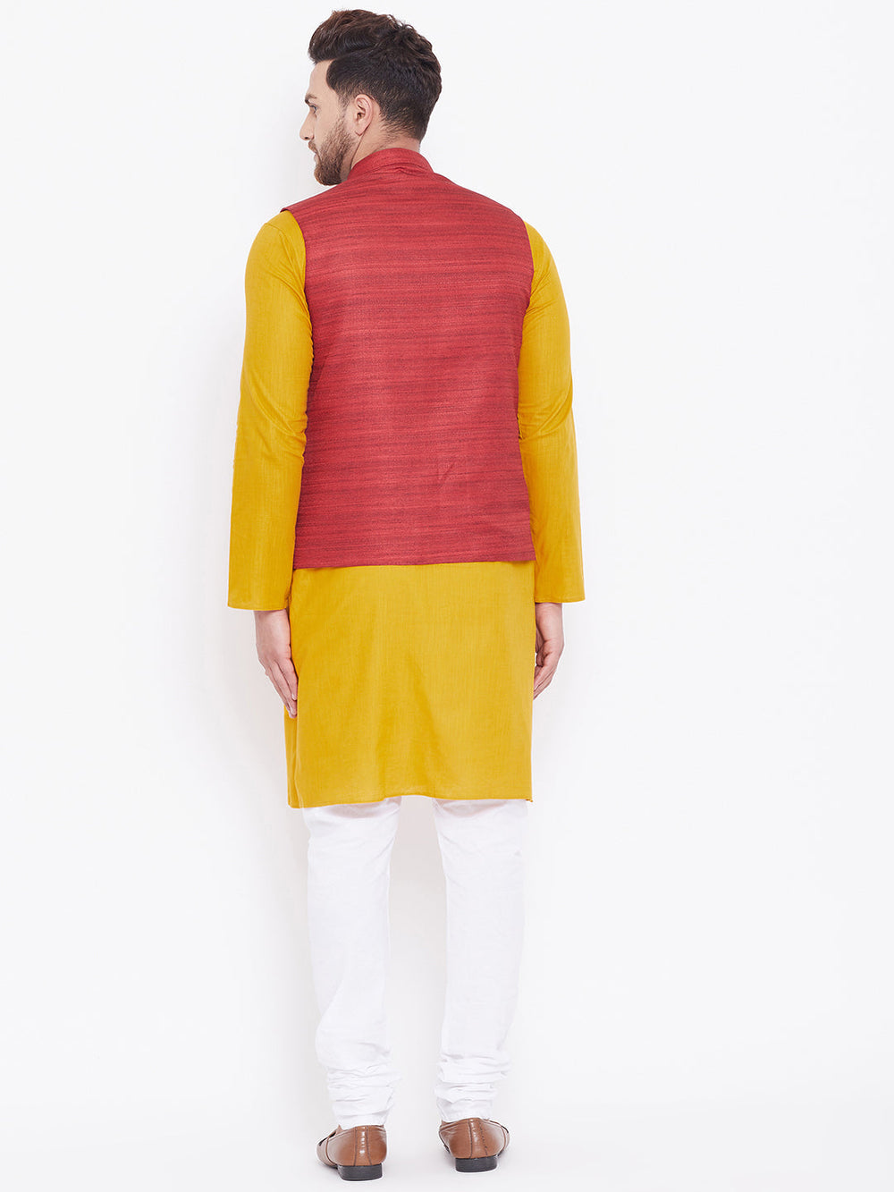 Sarvati Men's Maroon, Mustard And White Cotton Blend Jacket, Kurta and Pyjama Set