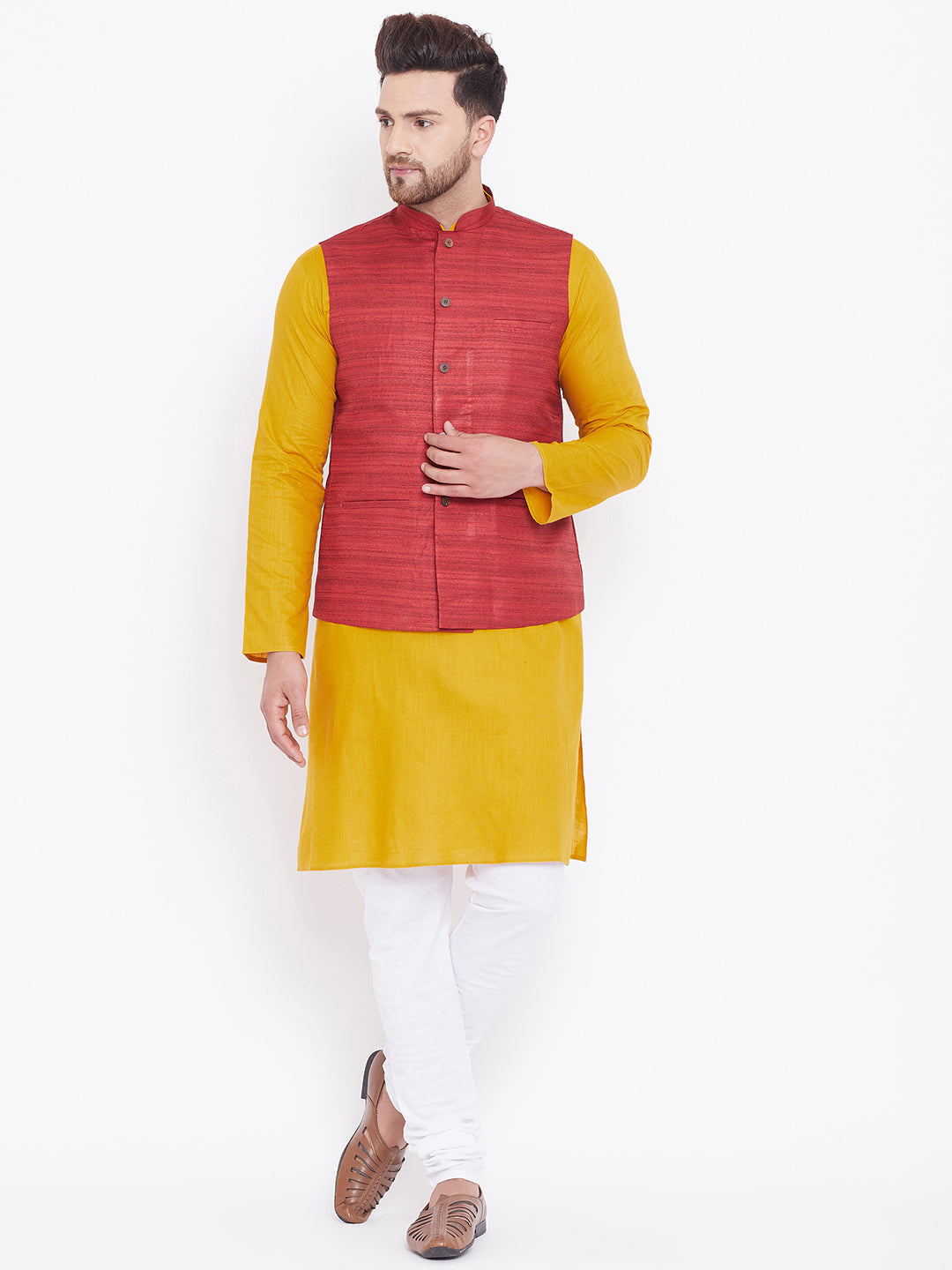 Sarvati Men's Maroon, Mustard And White Cotton Blend Jacket, Kurta and Pyjama Set