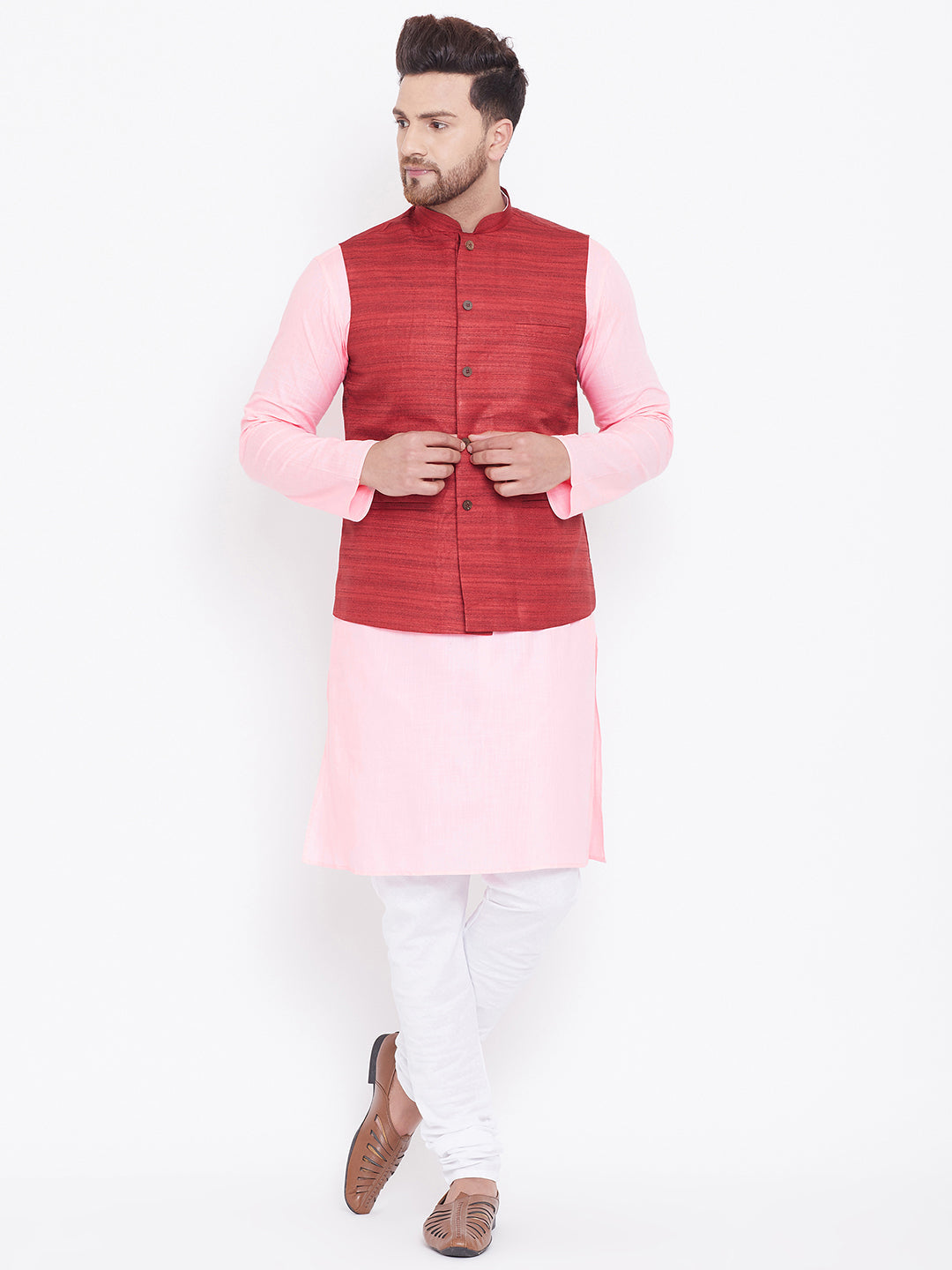 Sarvati Men's Maroon, Pink And White Cotton Blend Jacket, Kurta and Pyjama Set