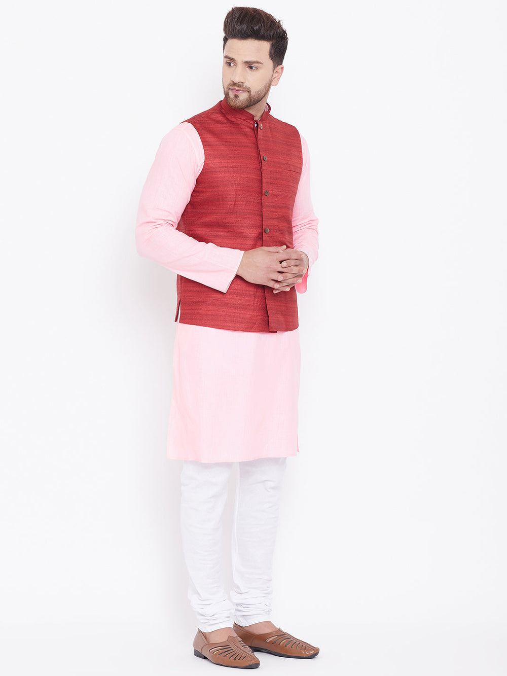 Sarvati Men's Maroon, Pink And White Cotton Blend Jacket, Kurta and Pyjama Set